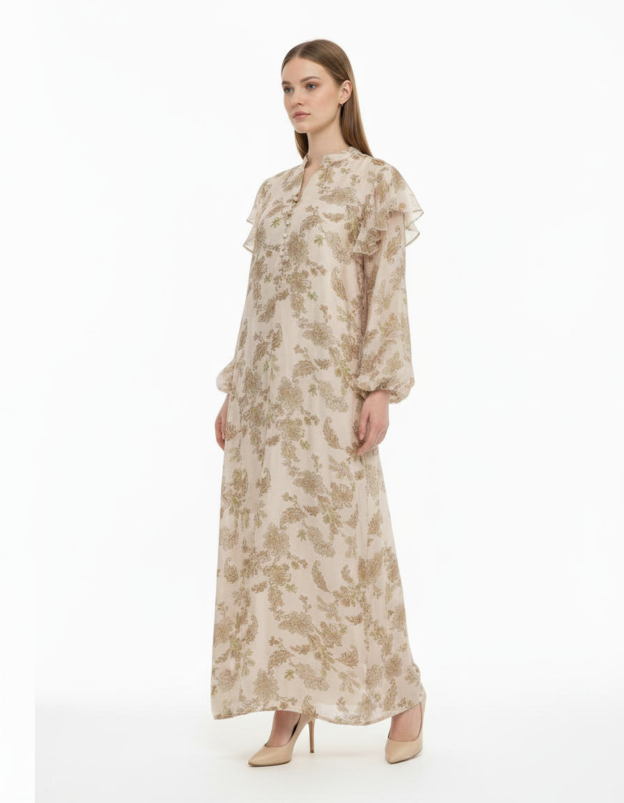 Sana Leaf Print Maxi Dress – Relaxed Fit V-Neck  Elora