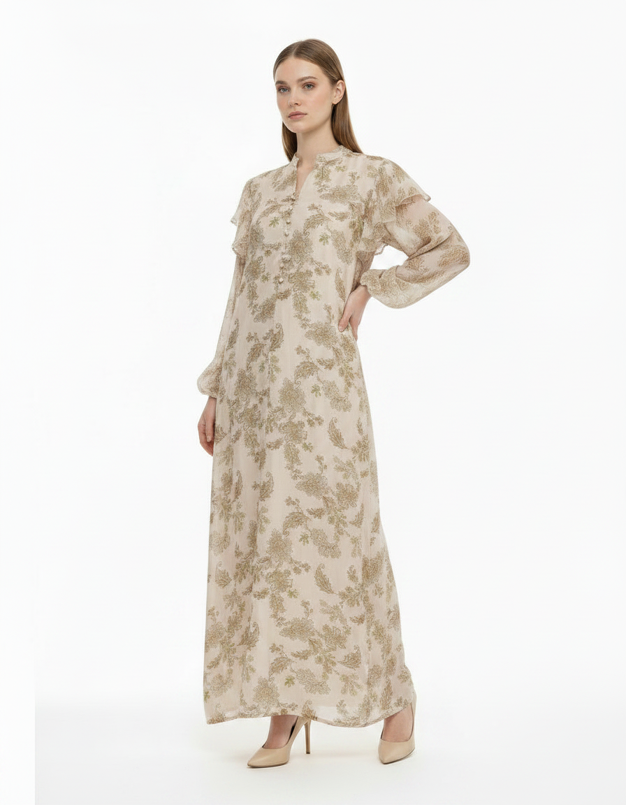 Sana Leaf Print Maxi Dress – Relaxed Fit V-Neck  Elora