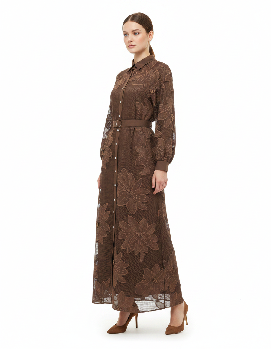 Shahd Floral Maxi Dress – Button-Front Collared  Elora