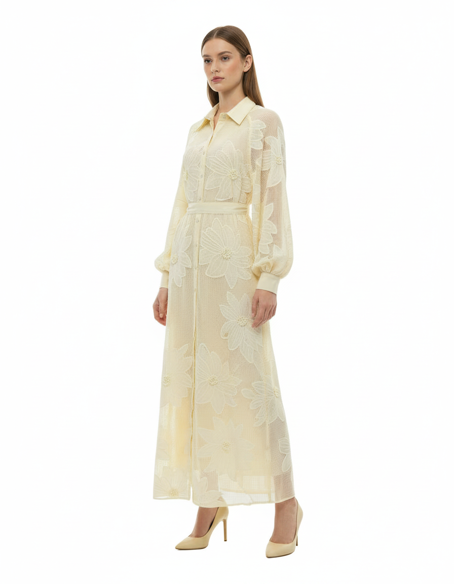 Shahd Floral Maxi Dress – Button-Front Collared  Elora