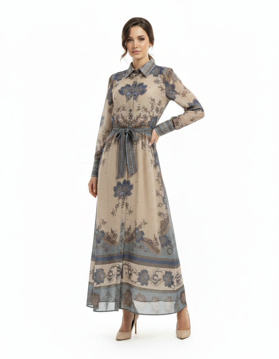 Suha Tribal Maxi Dress – Button-Front Collared  Elora