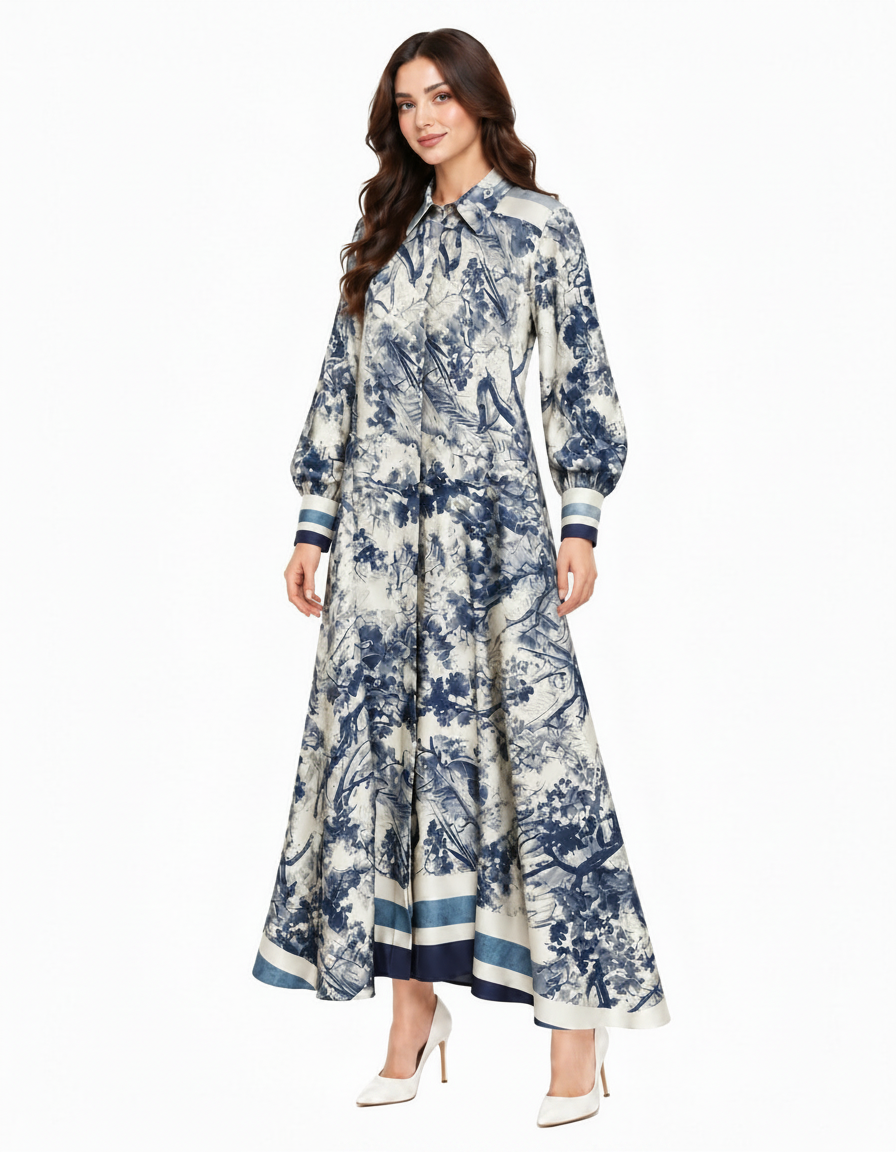 Balqis Abstract Maxi Dress – Button-Front Collared  Elora