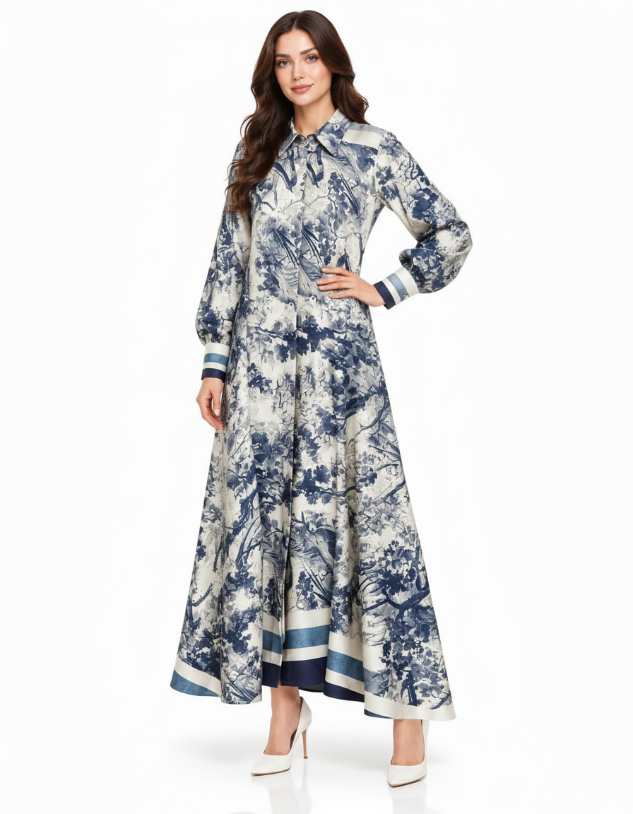 Balqis Abstract Maxi Dress – Button-Front Collared  Elora