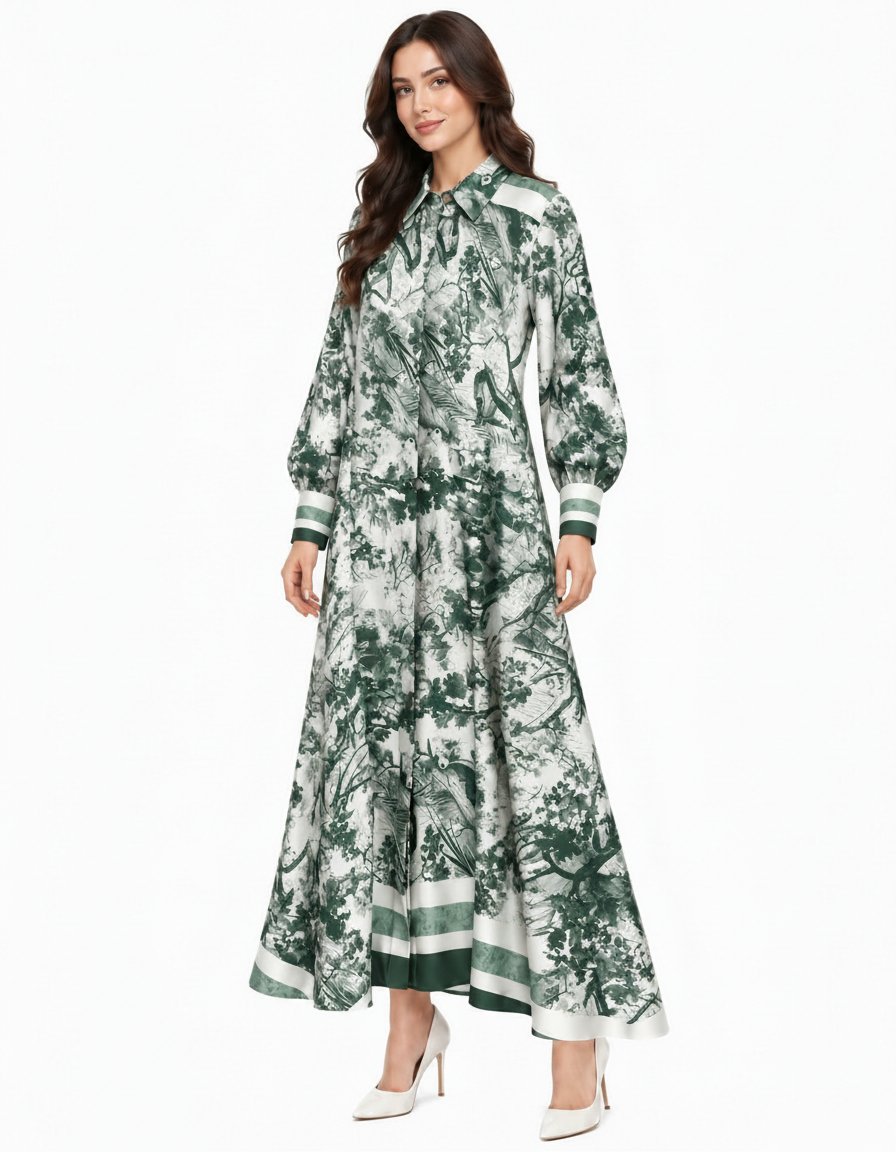 Balqis Abstract Maxi Dress – Button-Front Collared  Elora