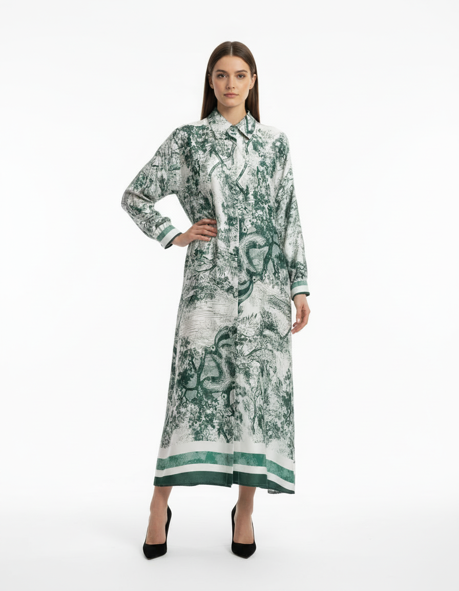 Balqis Abstract Maxi Dress – Button-Front Collared  Elora