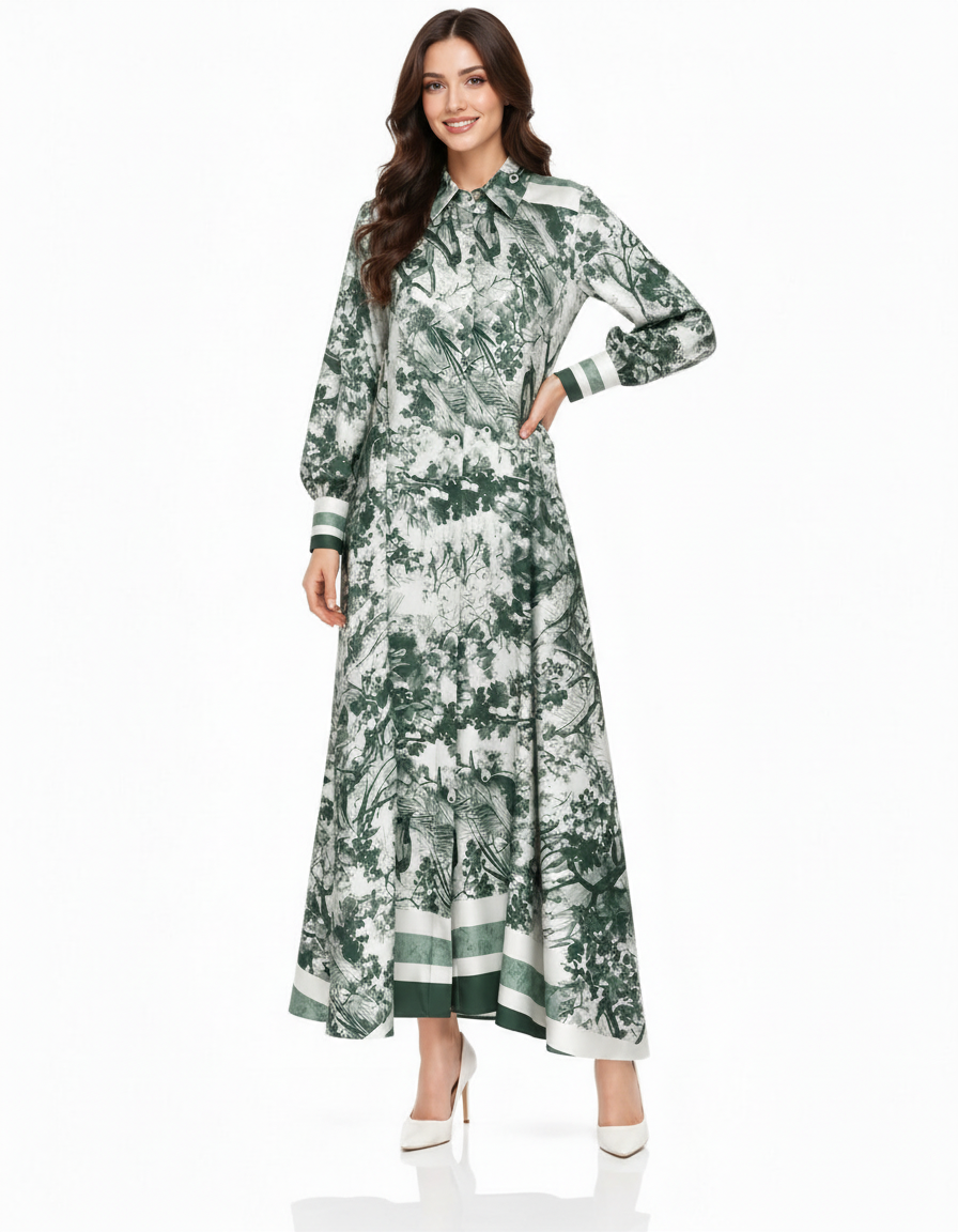 Balqis Abstract Maxi Dress – Button-Front Collared  Elora
