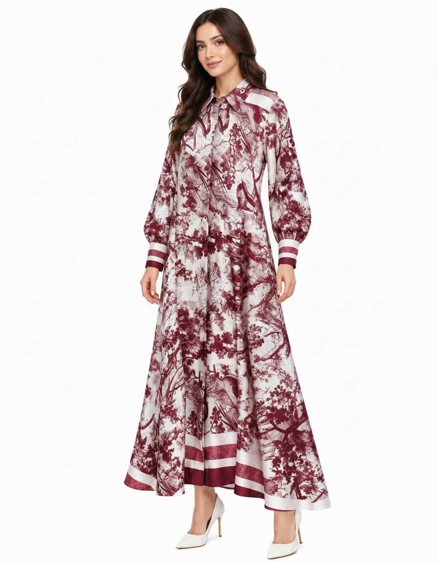 Balqis Abstract Maxi Dress – Button-Front Collared  Elora