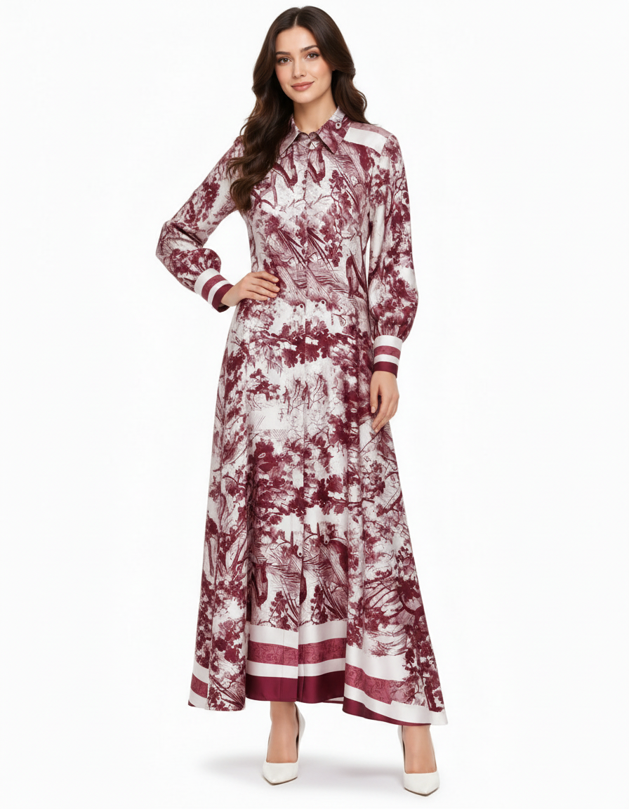 Balqis Abstract Maxi Dress – Button-Front Collared  Elora