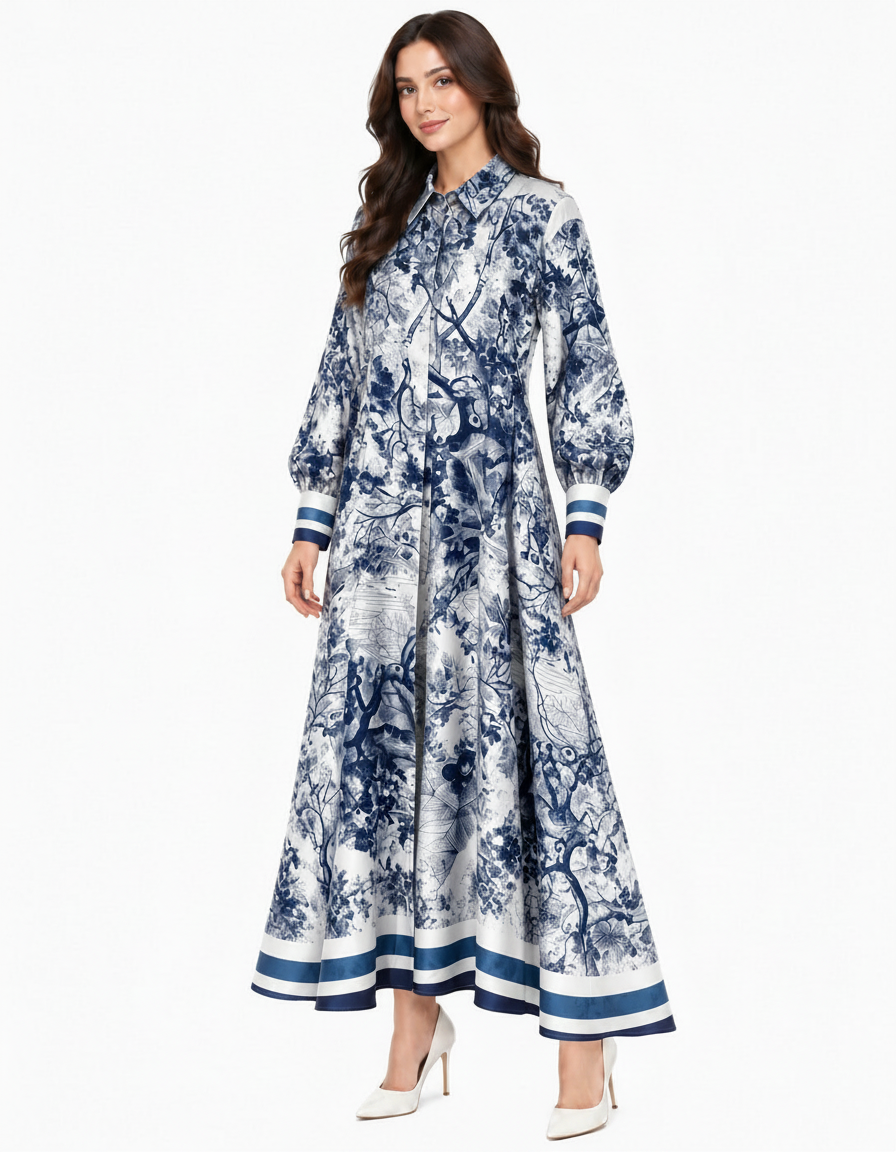 Balqis Abstract Maxi Dress – Button-Front Collared  Elora