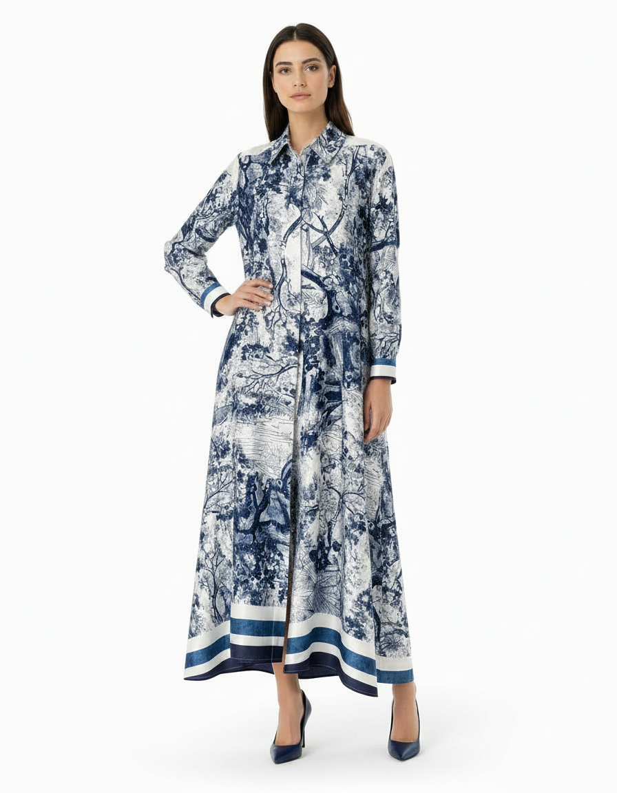 Balqis Abstract Maxi Dress – Button-Front Collared  Elora