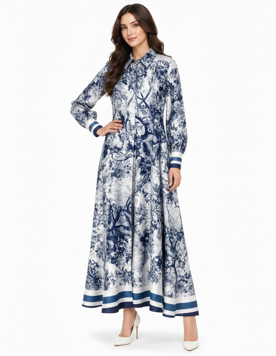 Balqis Abstract Maxi Dress – Button-Front Collared  Elora