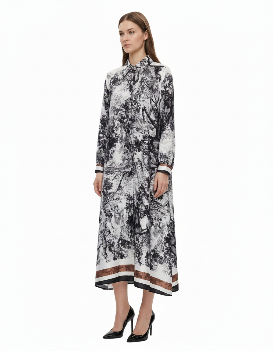 Balqis Abstract Maxi Dress – Button-Front Collared  Elora