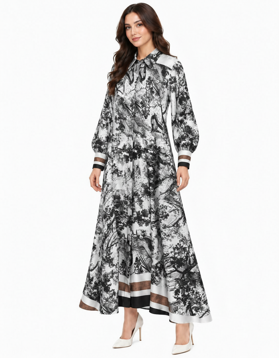 Balqis Abstract Maxi Dress – Button-Front Collared  Elora