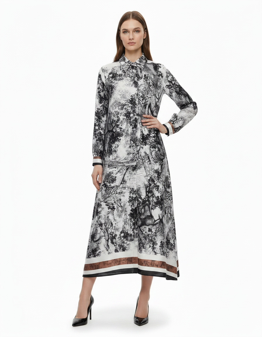 Balqis Abstract Maxi Dress – Button-Front Collared  Elora