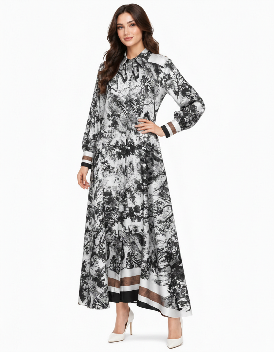 Balqis Abstract Maxi Dress – Button-Front Collared  Elora