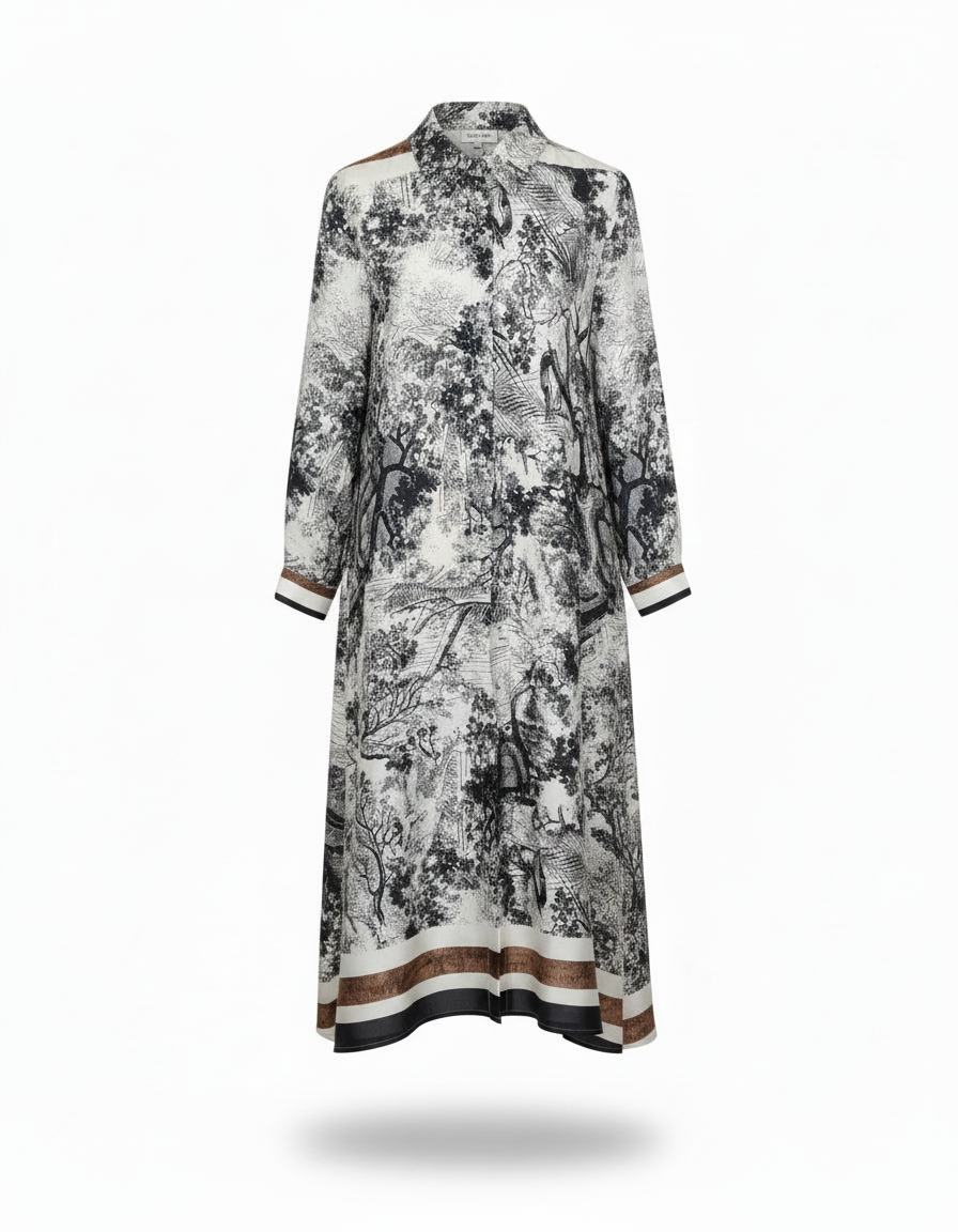 Balqis Abstract Maxi Dress – Button-Front Collared  Elora