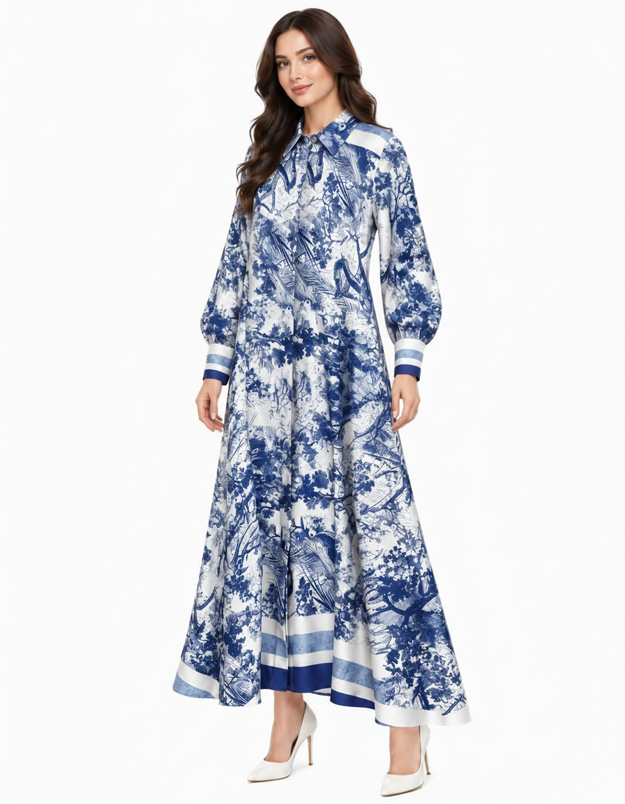 Balqis Abstract Maxi Dress – Button-Front Collared  Elora