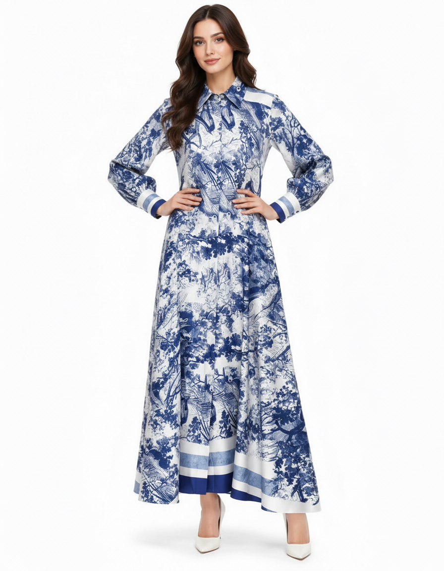 Balqis Abstract Maxi Dress – Button-Front Collared  Elora