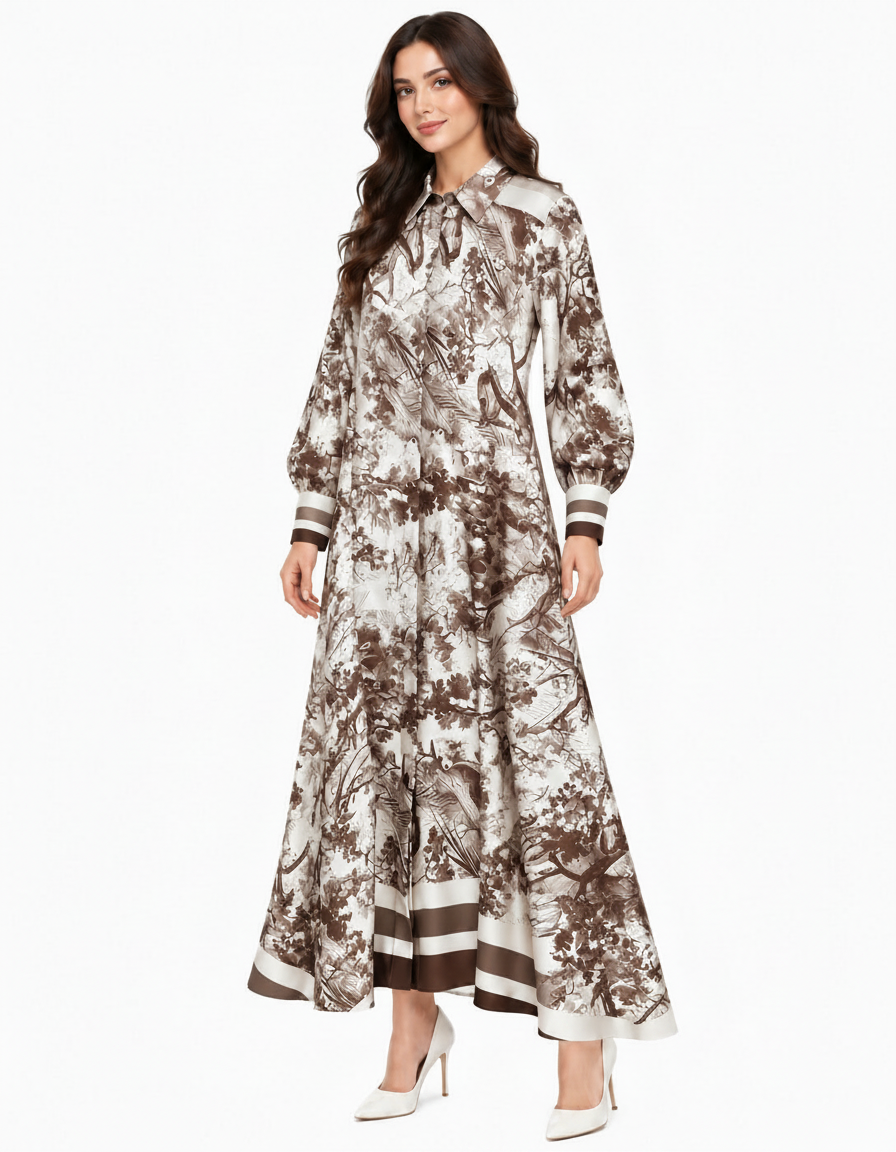 Balqis Abstract Maxi Dress – Button-Front Collared  Elora