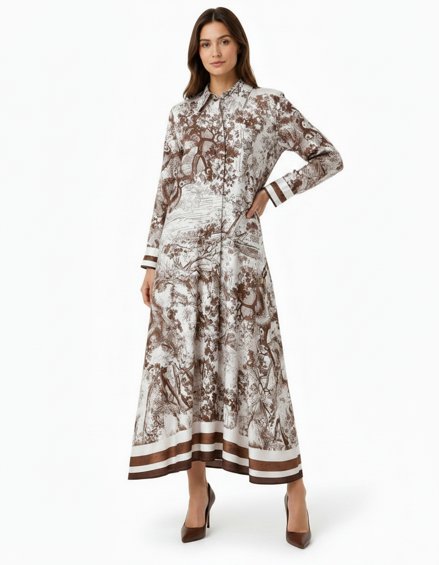 Balqis Abstract Maxi Dress – Button-Front Collared  Elora