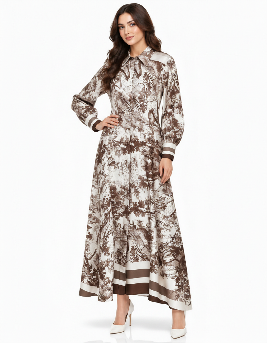 Balqis Abstract Maxi Dress – Button-Front Collared  Elora