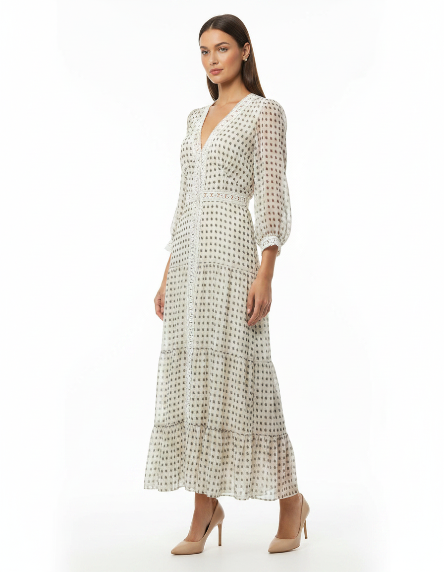 Farida Polka Dot Dress – Button-Front V-Neck  Elora