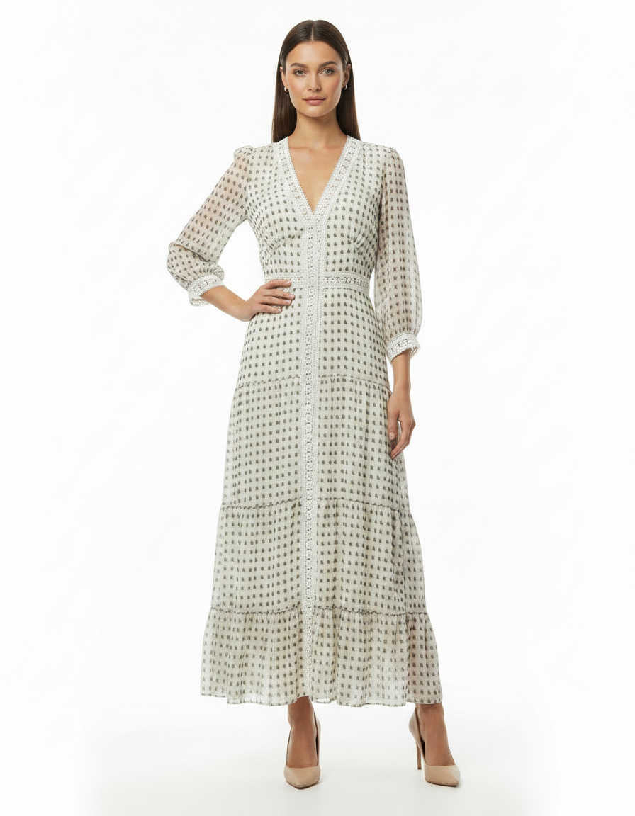 Farida Polka Dot Dress – Button-Front V-Neck  Elora