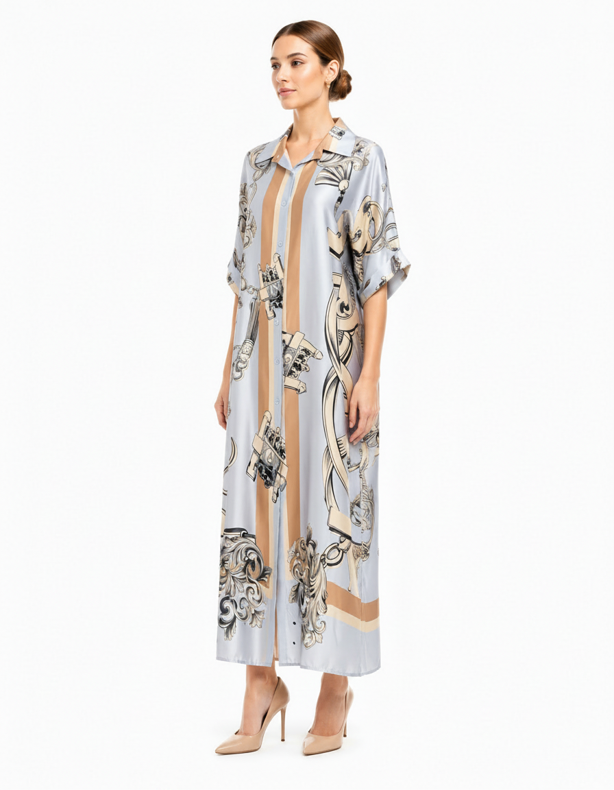 Kenda Abstract Midi Dress – Button-Front V-Neck  Elora