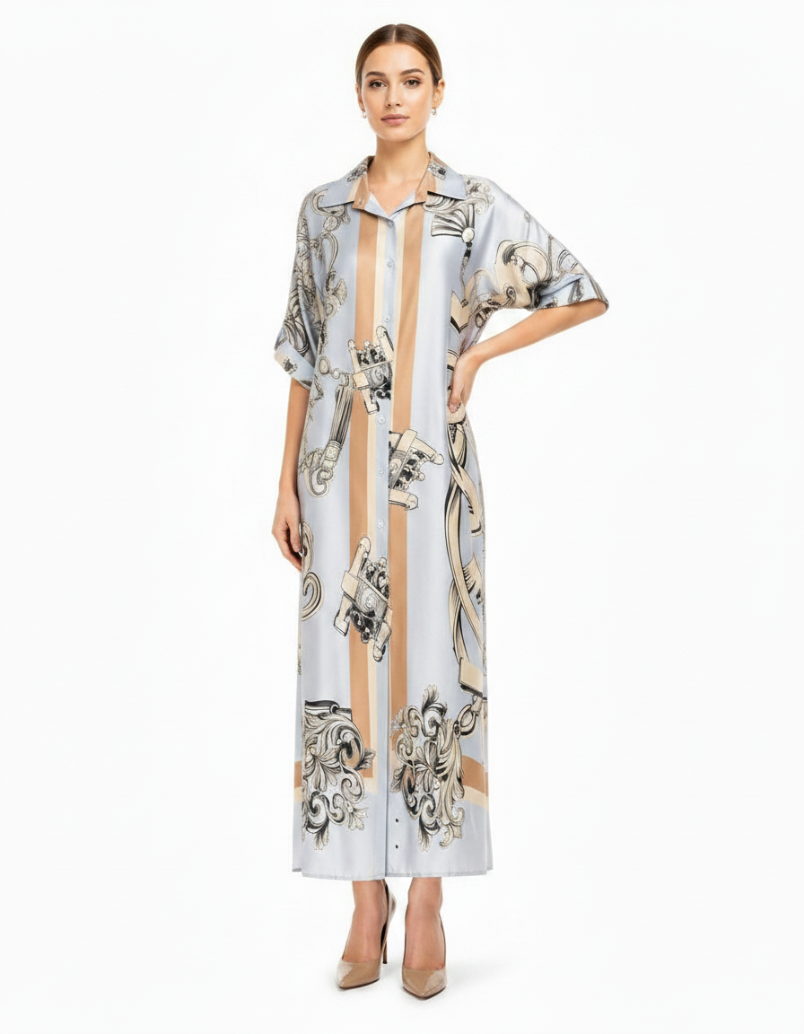 Kenda Abstract Midi Dress – Button-Front V-Neck  Elora