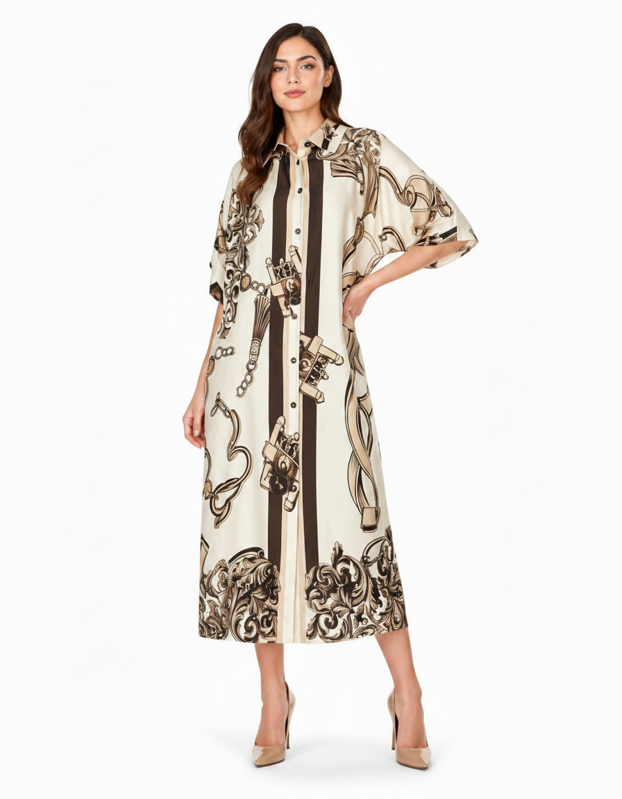 Kenda Abstract Midi Dress – Button-Front V-Neck  Elora