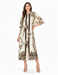 Kenda Abstract Midi Dress – Button-Front V-Neck  Elora