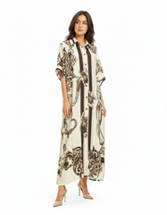 Kenda Abstract Midi Dress – Button-Front V-Neck  Elora