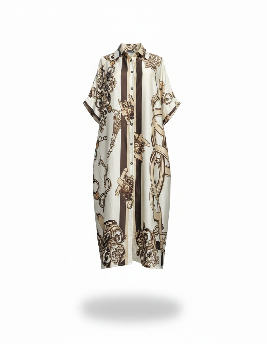 Kenda Abstract Midi Dress – Button-Front V-Neck  Elora
