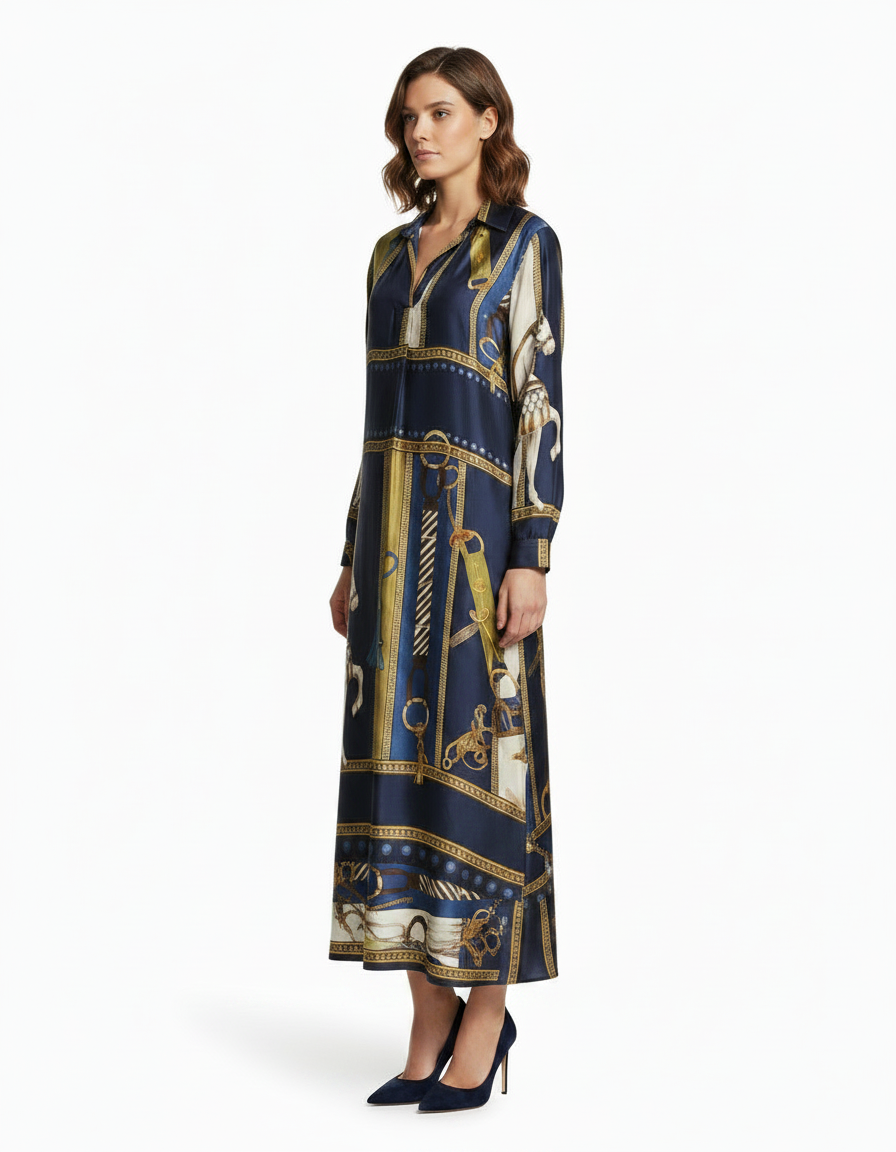 Lara Abstract Midi Dress – Pull-On V-Neck  Elora