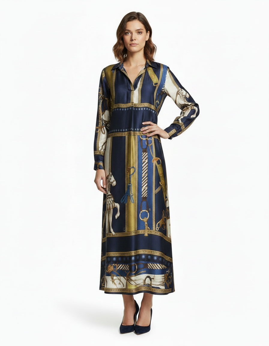 Lara Abstract Midi Dress – Pull-On V-Neck  Elora