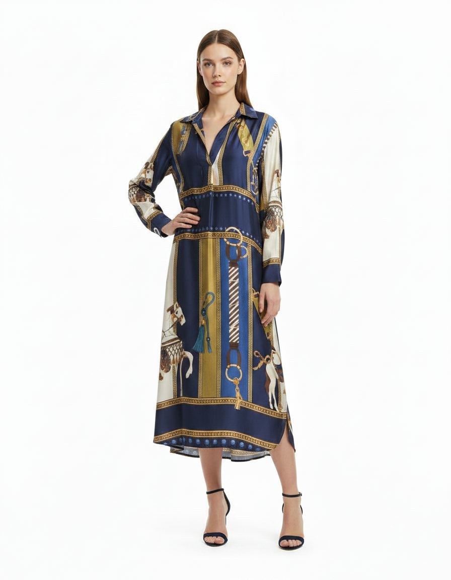 Lara Abstract Midi Dress – Pull-On V-Neck  Elora