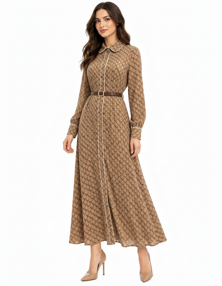 Ghufran Geometric Dress – Button-Front Collared  Elora