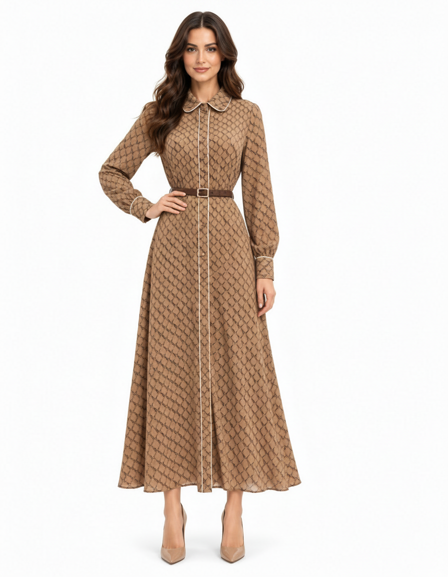 Ghufran Geometric Dress – Button-Front Collared  Elora