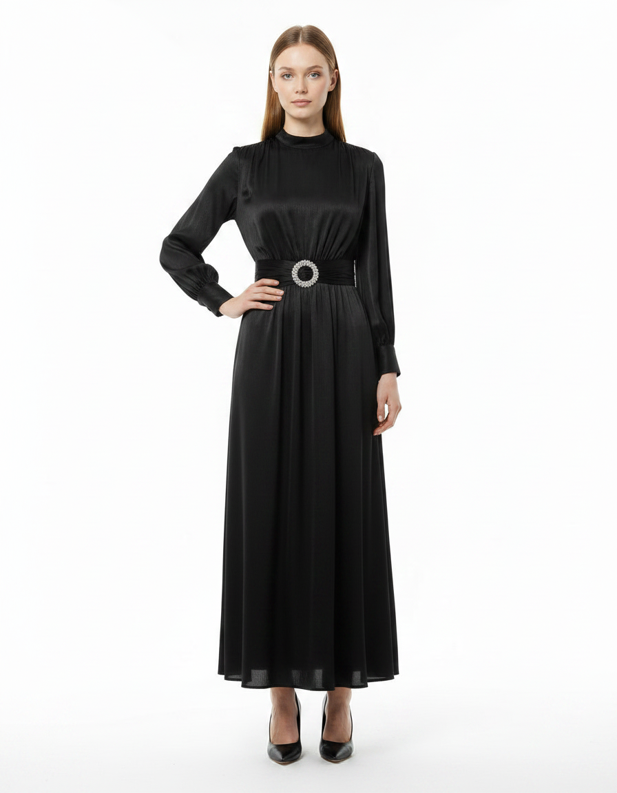 Elham Elegant Maxi Evening Dress – Belted Long Sleeve  Elora