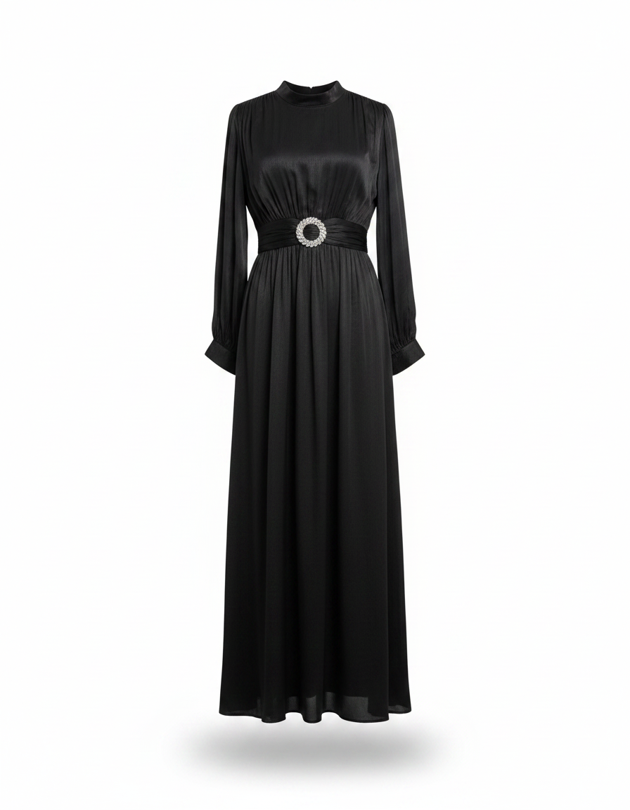 Elham Elegant Maxi Evening Dress – Belted Long Sleeve  Elora