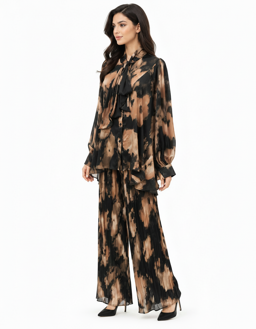 Yasmin Abstract Co-ord Set – Button-Front Long Sleeve  Elora