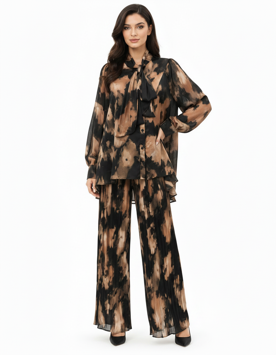 Yasmin Abstract Co-ord Set – Button-Front Long Sleeve  Elora