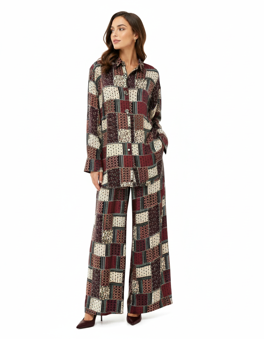 Mariam Geometric Co-ord Set – Button-Front Collared  Elora