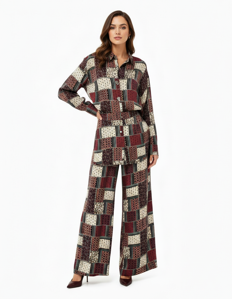 Mariam Geometric Co-ord Set – Button-Front Collared  Elora