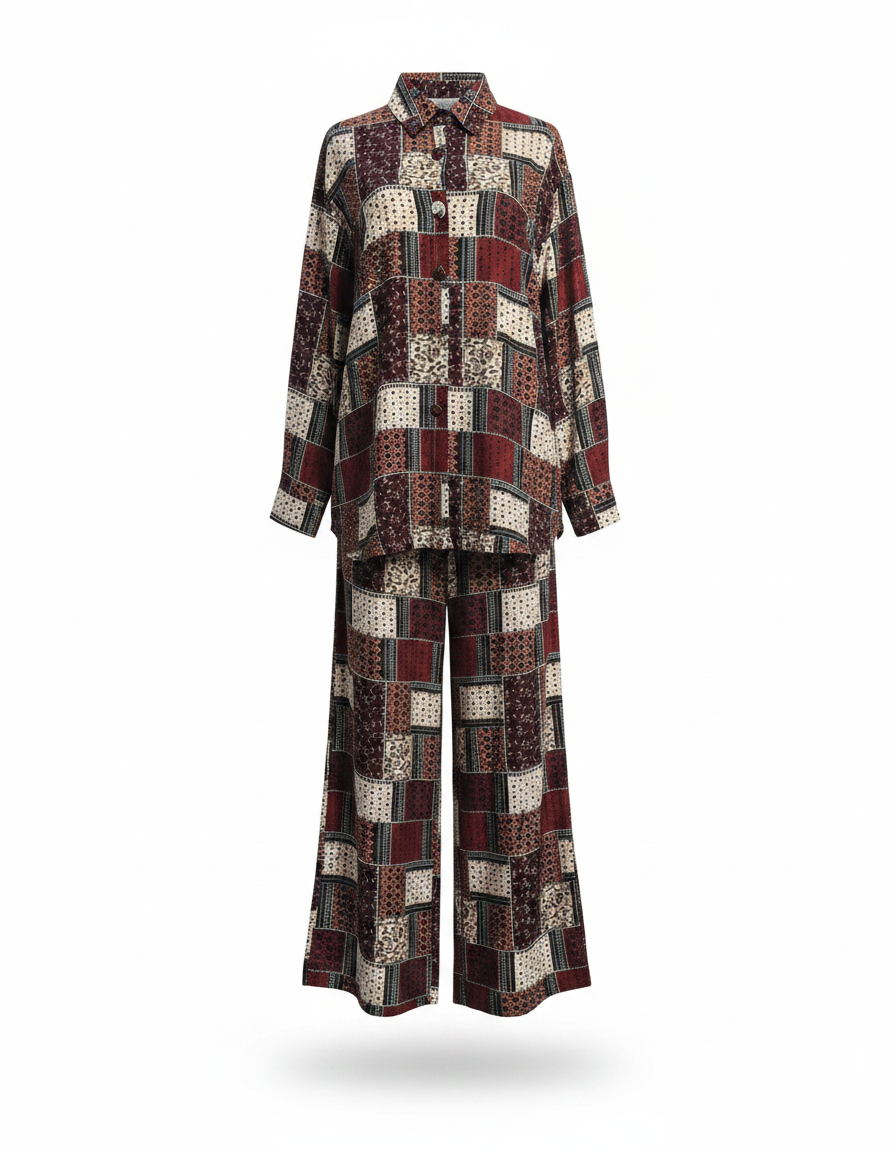 Mariam Geometric Co-ord Set – Button-Front Collared  Elora