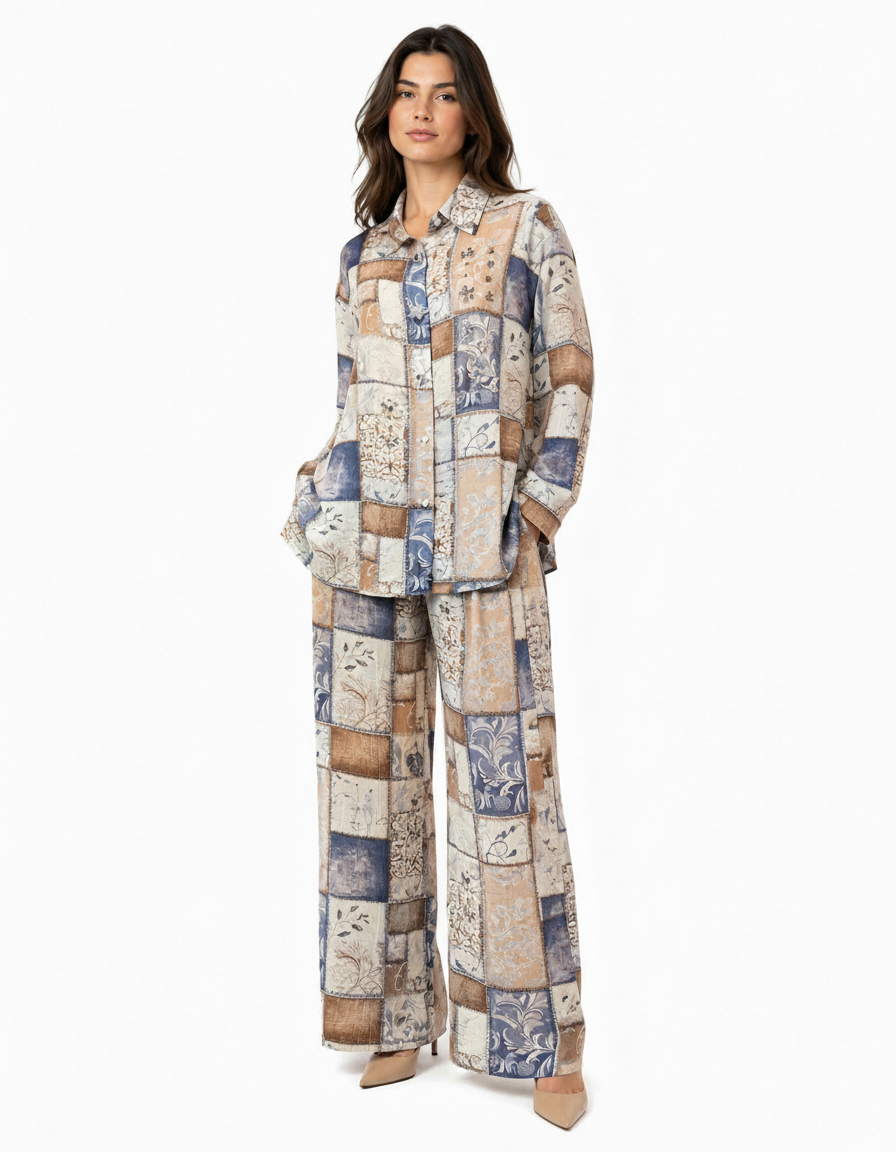 Zeina Geometric Co-ord Set – Button-Front Collared  Elora