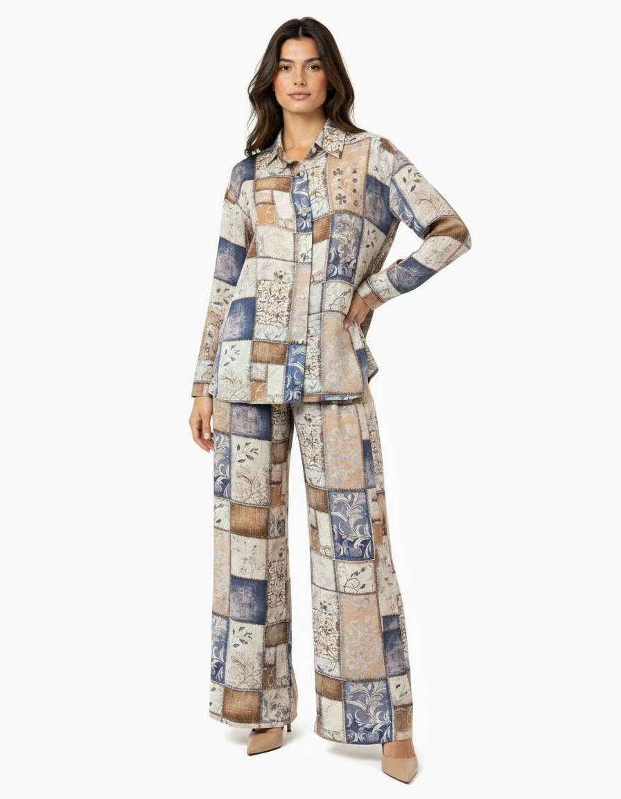 Zeina Geometric Co-ord Set – Button-Front Collared  Elora