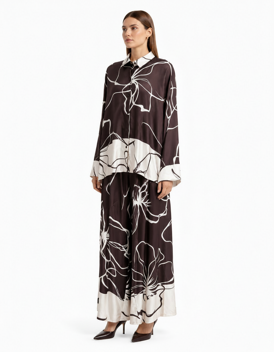 Wafa Leaf Print Co-ord Set – Button-Front Collared  Elora