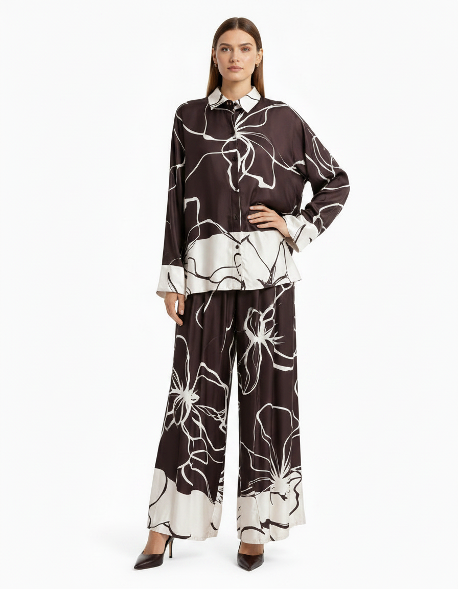 Wafa Leaf Print Co-ord Set – Button-Front Collared  Elora