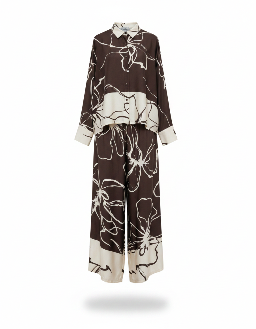 Wafa Leaf Print Co-ord Set – Button-Front Collared  Elora
